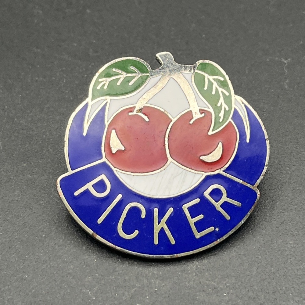 Vintage Cherry Picker Lapel Hat Pin MAFCO Red Blue Enamel Fruit Accessory